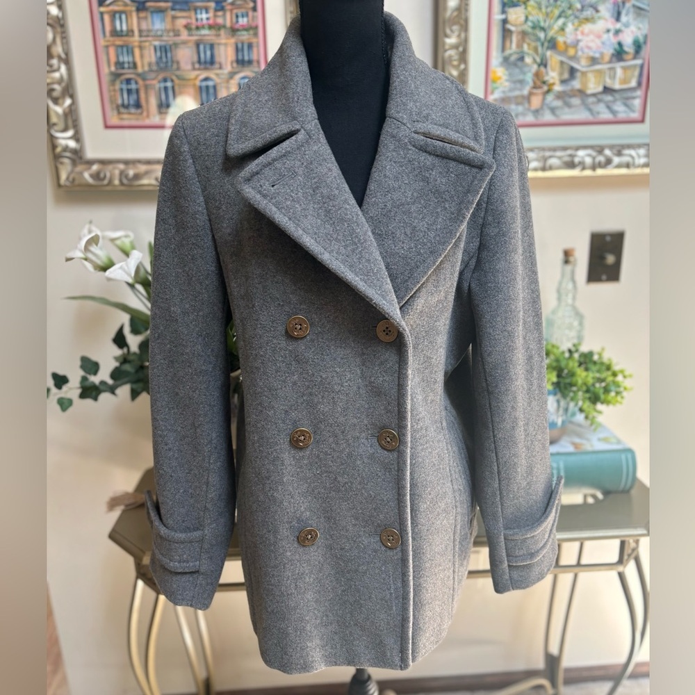 LANDS END WOOL GRAY CLASSIC TAILORED DOUBLE BREASTED NAUTICAL PEA COAT SZ 12 - Picture 2 of 13